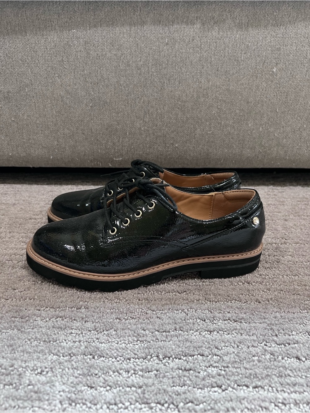Kelly & Katie Black Patent Lace-Up Loafers with Tan Trim